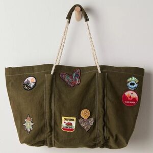 Free People Olive Green Embellished Patch Tote